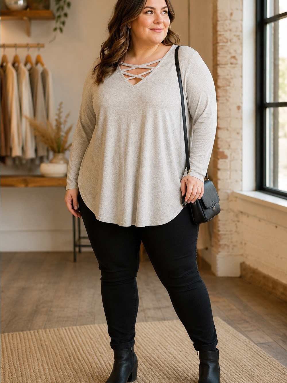 Umgee Light Grey Crisscross V-Neck Long Sleeve Top